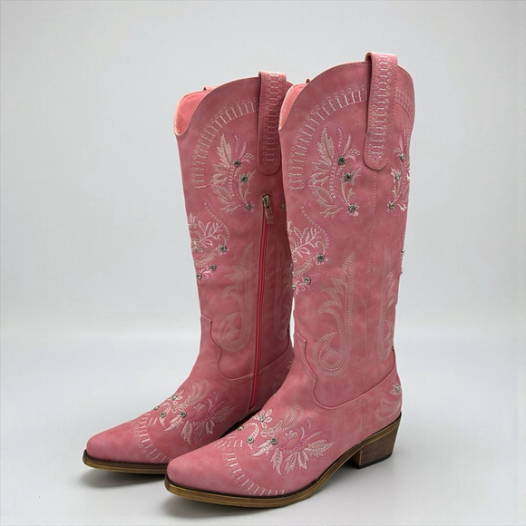 Wide Calf Pink Embroidered Rhinestone Cowboy Boots Knee High Snip Toe 8.5 NWB - Picture 3 of 16